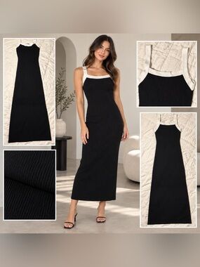GREY LAB Black White Contrast Trim Square-Neck Ribbed Midi See Measurements XS/S